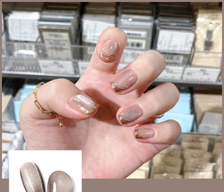 Latest Milk Tea Crystal Stone Cat Eye Nail Polish Benspiti