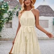 Solid Color Halterneck Dress Summer Casual Lace Tie Waist Womens Clothing New Fashion Vacation Beach Dresses