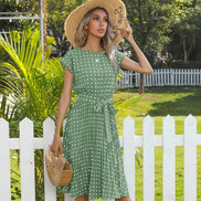 Summer Women Polka Dot Short Sleeve Dress Casual Bandage Party Pleated Midi Dresses Elegant Green Office Lady Clothing