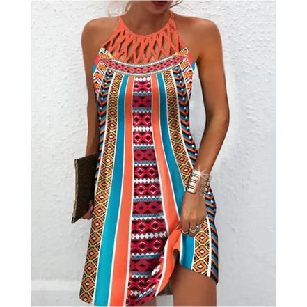 🔥Women’s Summer Floral Print Halter Neck Dress | Backless Flowing Beach & Casual Maxi Dress